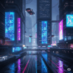 Slot dengan latar kota futuristik bercahaya neon